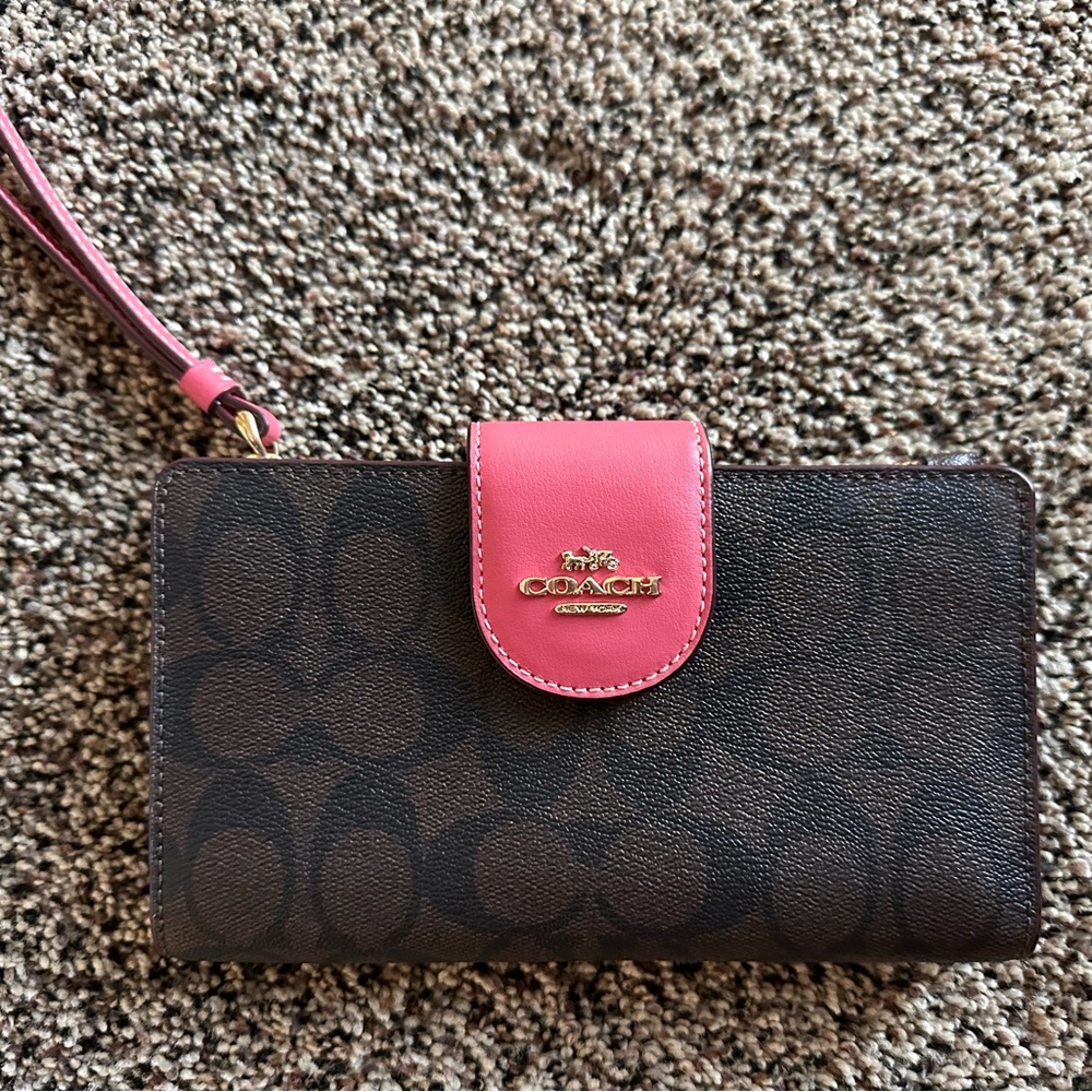 Coach Brown and Pink Phone Wristlet Wallet